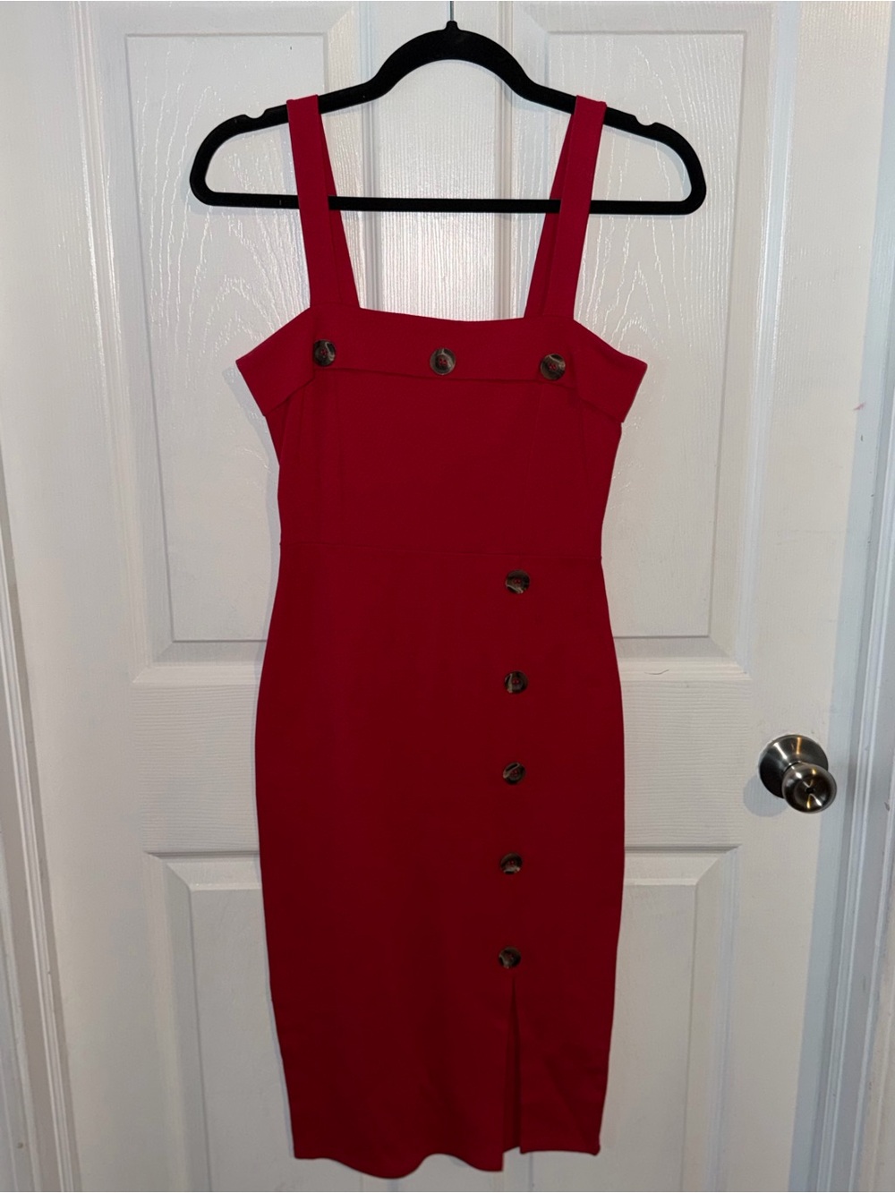 Shinestar Red Button-Detail Square Neck Midi Dress